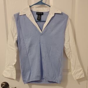 XS New York & Company Light Blue and White Faux V-Neck Blouse With Sweater Vest